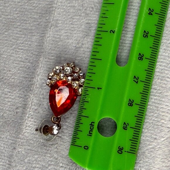 Vintage Gold-Tone Drop Pierced Earrings Red Teardrop Faux Gemstone Rhinestones - Picture 9 of 16
